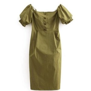 ZARA Off The Shoulder Midi Dress Olive Green Tan Minimalist Cotton SMALL
